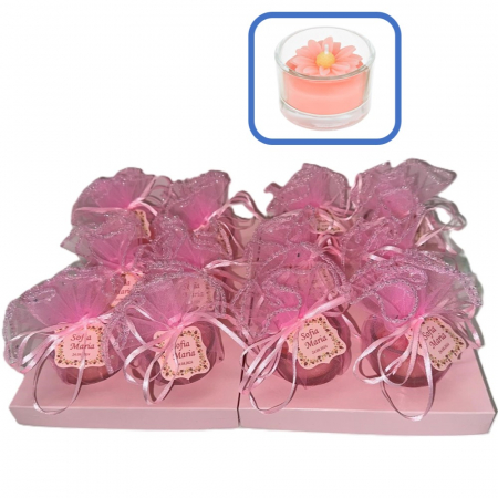 Marturii botez personalizate - Marturii botez fetita - Lumanare margareta roz in suport de sticla - Set 12 buc