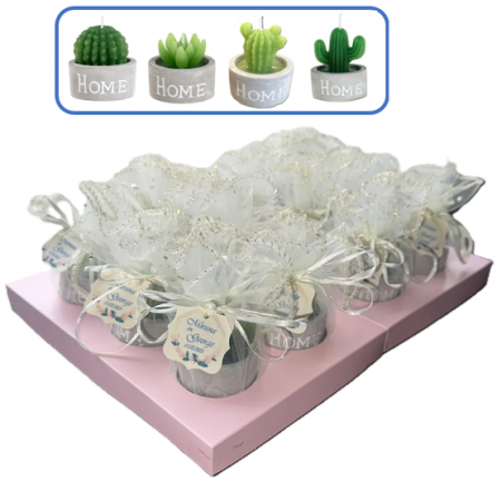 Toate produsele - Marturii nunta cactus – lumanare in ghiveci gri cu tulle ivory si eticheta personalizata