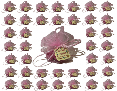 Marturii botez personalizate - Set marturii botez fetita - 50 tulle organza roz cu snur