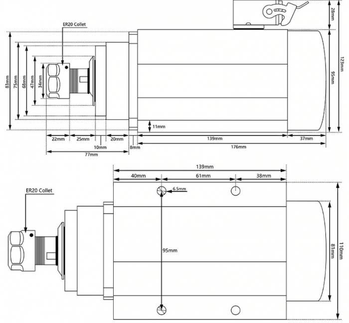 Motor frezare rectangular 1500W 1.5kW 220V racire aer si penseta prindere ER20 139x80x110mm [2]