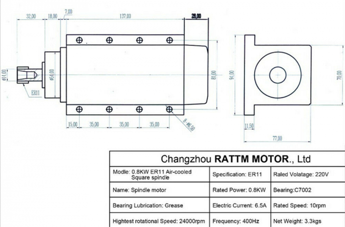 Motor frezare rectangular 800W 0.8kW 220V racire aer si penseta prindere ER11 94x77mm [2]