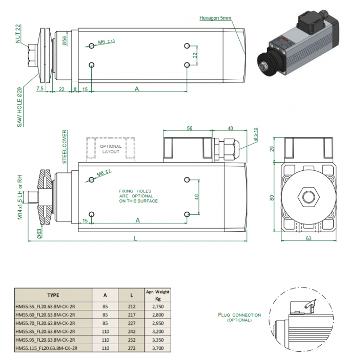 Spindle Hertz Motor HM55.XX_FL20.63.8M-CK-2R rectangular prindere cu flansa 63mm pentru panza cu diametrul interior de 20mm [3]