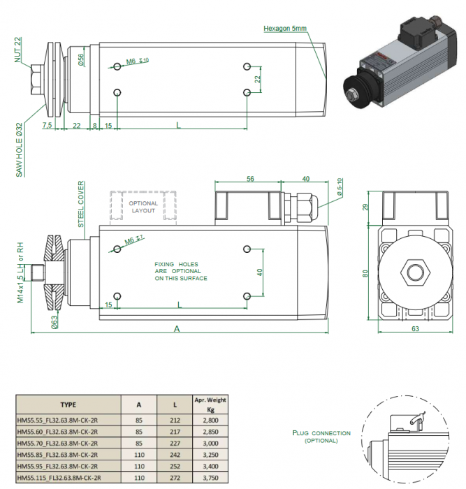 Spindle Hertz Motor HM55.XX_FL32.63.8M-CK-2R rectangular prindere cu flansa 63mm pentru panza cu diametrul interior de 32mm [3]