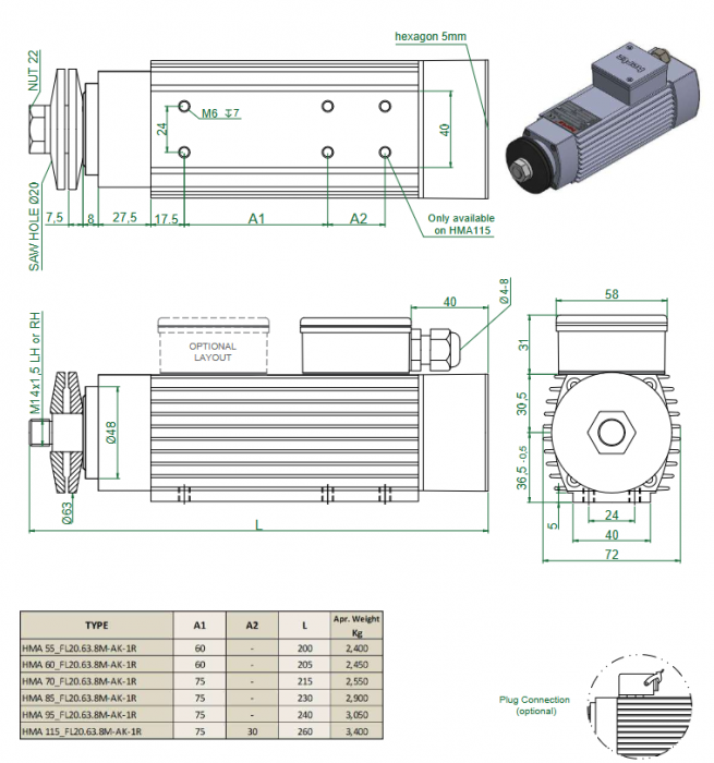 Spindle Hertz Motor HMA.XX_FL20.63.8M-AK-1R rectangular prindere cu flansa 63mm - pentru panza cu diametrul interior de 20mm [3]