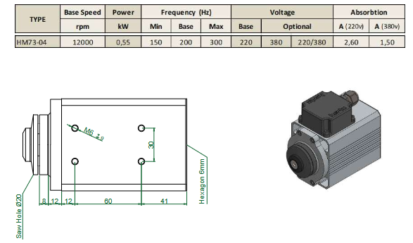 Spindle Hertz Motor HM73.XX_FL20.59.8F-AK-1R rectangular prindere cu flansa 59mm pentru panza cu diametrul interior de 20mm [2]