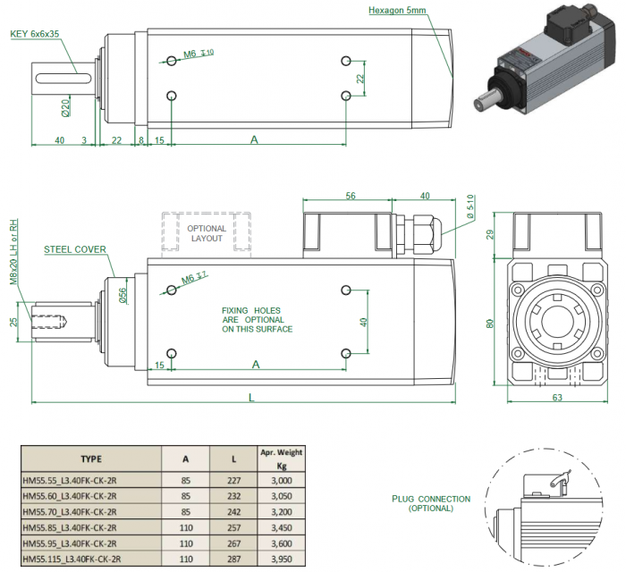 Spindle Hertz Motor HM55.XX_L3.40FK-CK-2R rectangular cu axa de 20mm cu canal pana [3]