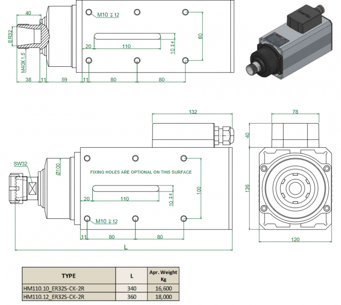 Spindle Hertz Motor HM110-XX rectangular ER32 380V Ax Dublu [3]