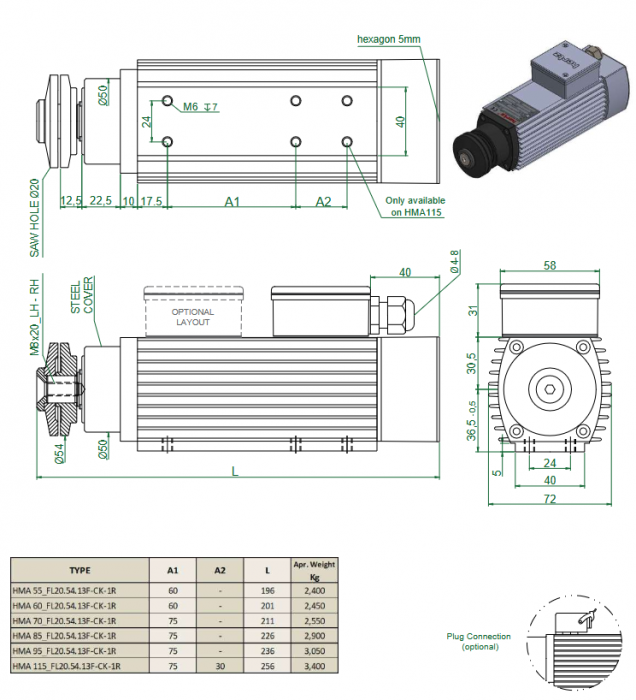 Spindle Hertz Motor HMA.XX_FL20.54.13F-CK-1R rectangular prindere cu flansa 54mm  pentru panza cu diametrul interior de 20mm [2]