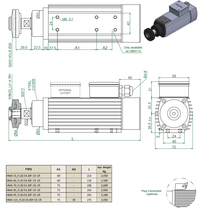 Spindle Hertz Motor HMA.XX_FL20.54.30F-CK-1R rectangular prindere cu flansa 54mm  pentru panza cu diametrul interior de 20mm [3]