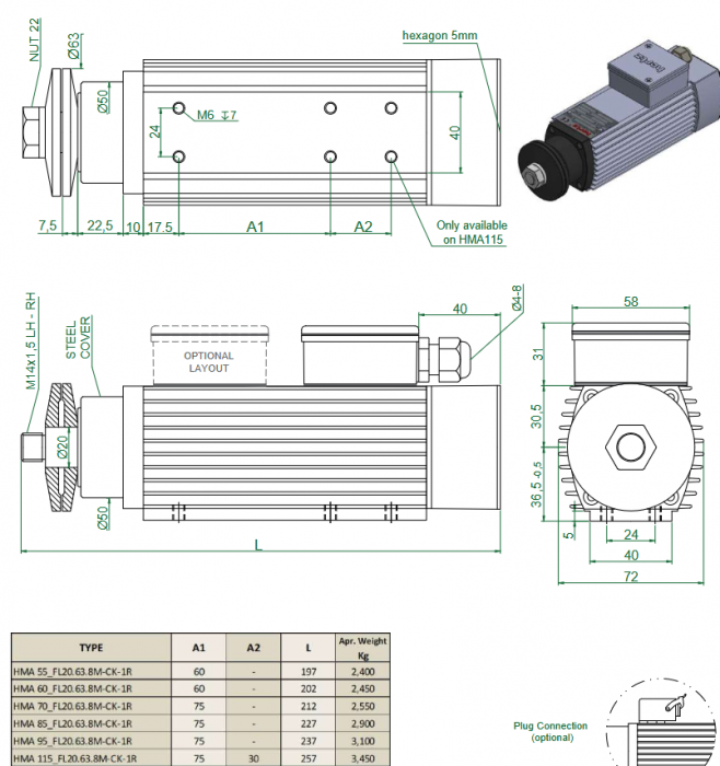 Spindle Hertz Motor HMA.XX_FL20.63.8M-CK-1R rectangular prindere cu flansa 63mm  pentru panza cu diametrul interior de 20mm [3]