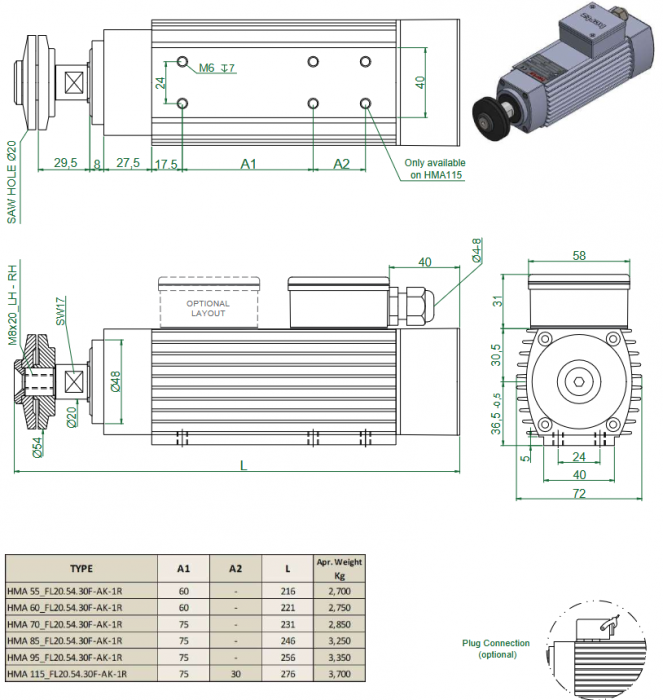 Spindle Hertz Motor HMA.XX_FL20.54.30F-AK-1R rectangular prindere cu flansa 54mm  pentru panza cu diametrul interior de 20mm [3]