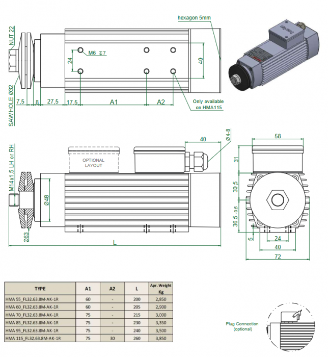 Spindle Hertz Motor HMA.XX_FL32.63.8M-AK-1R rectangular prindere cu flansa 63mm  pentru panza cu diametrul interior de 32mm [3]