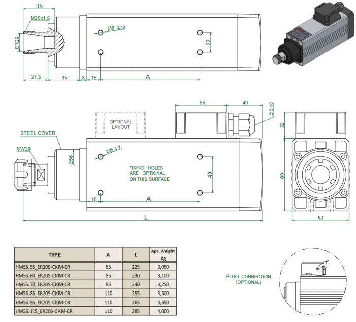 Spindle Hertz Motor HM55-60 rectangular 270W ER20 220V 18000RPM [3]
