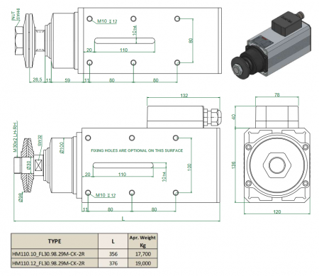 Spindle Hertz Motor HM110.XX_FL30.98.29M-CK-2R rectangular prindere cu flansa 98mm pentru panza cu diametrul interior de 30mm - [2]