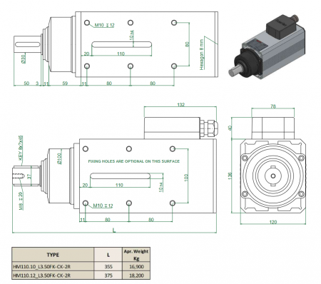 Spindle Hertz Motor HM110.XX_L3.50FK-CK-2R rectangular cu prindere cu pana ax 30mm [2]