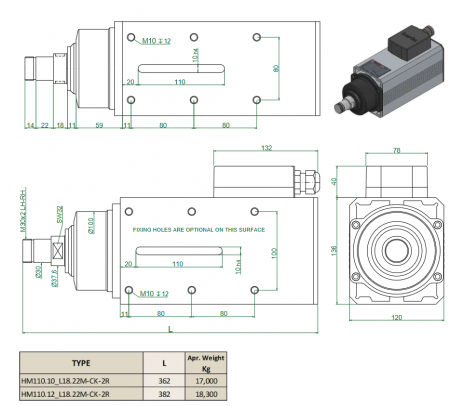 Spindle Hertz Motor HM110.XX_L18.22M-CK-2R rectangular cu prindere M30x2 si SW32 [2]