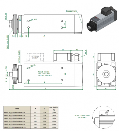 Spindle Hertz Motor HM55.XX_FL20.63.8M-CK-1R rectangular prindere cu flansa 63mm pentru panza cu diametrul interior de 20mm [2]