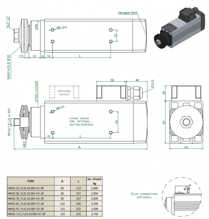 Spindle Hertz Motor HM55.XX_FL32.63.8M-CK-2R rectangular prindere cu flansa 63mm pentru panza cu diametrul interior de 32mm [2]