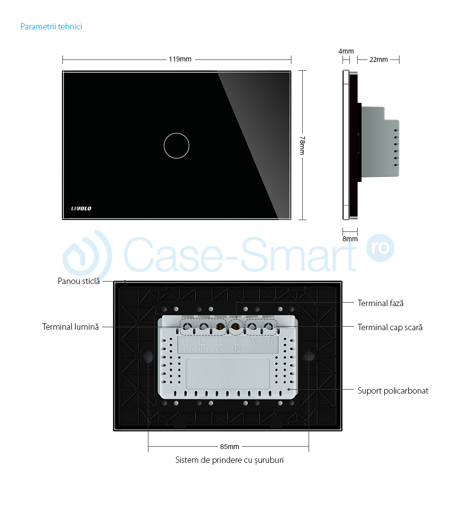 Intrerupator cap scara/cruce wireless cu touch Livolo din sticla standard italian [3]