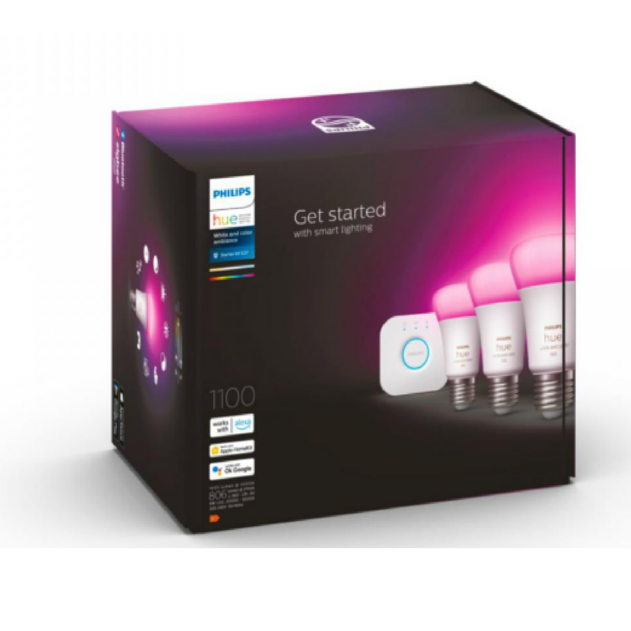 Pachet 3 Becuri LED RGB inteligente Philips Hue A60, Bluetooth, E27, 9W (75W), 1100 lm, lumina alba si color (2000-6500K) + Consola Hue Bridge [2]