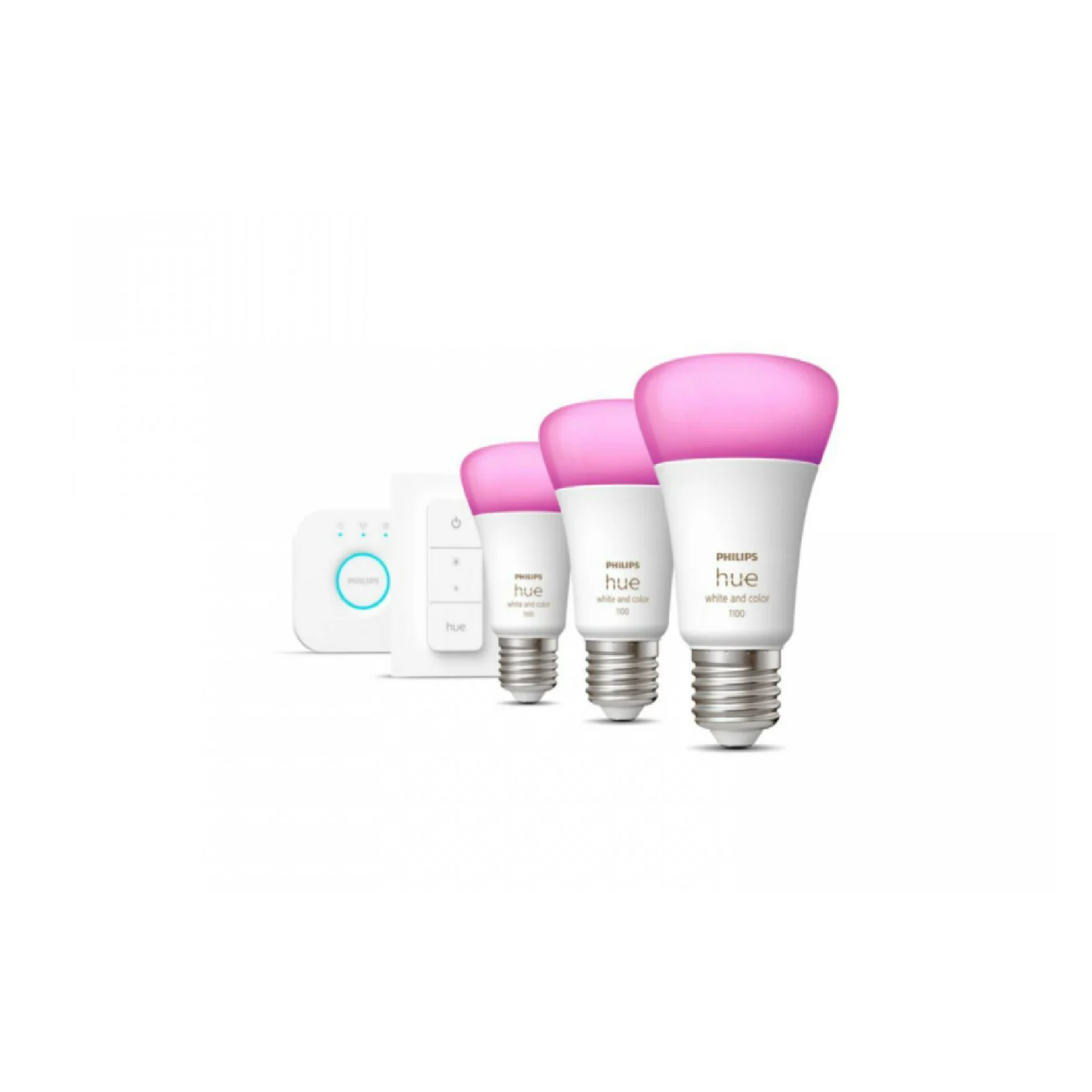 Pachet 3 Becuri LED RGB inteligente Philips Hue A60, Bluetooth, E27, 9W (75W), 1100 lm, lumina alba si color (2000-6500K) + Consola Hue Bridge + Intrerupator cu variator [1]