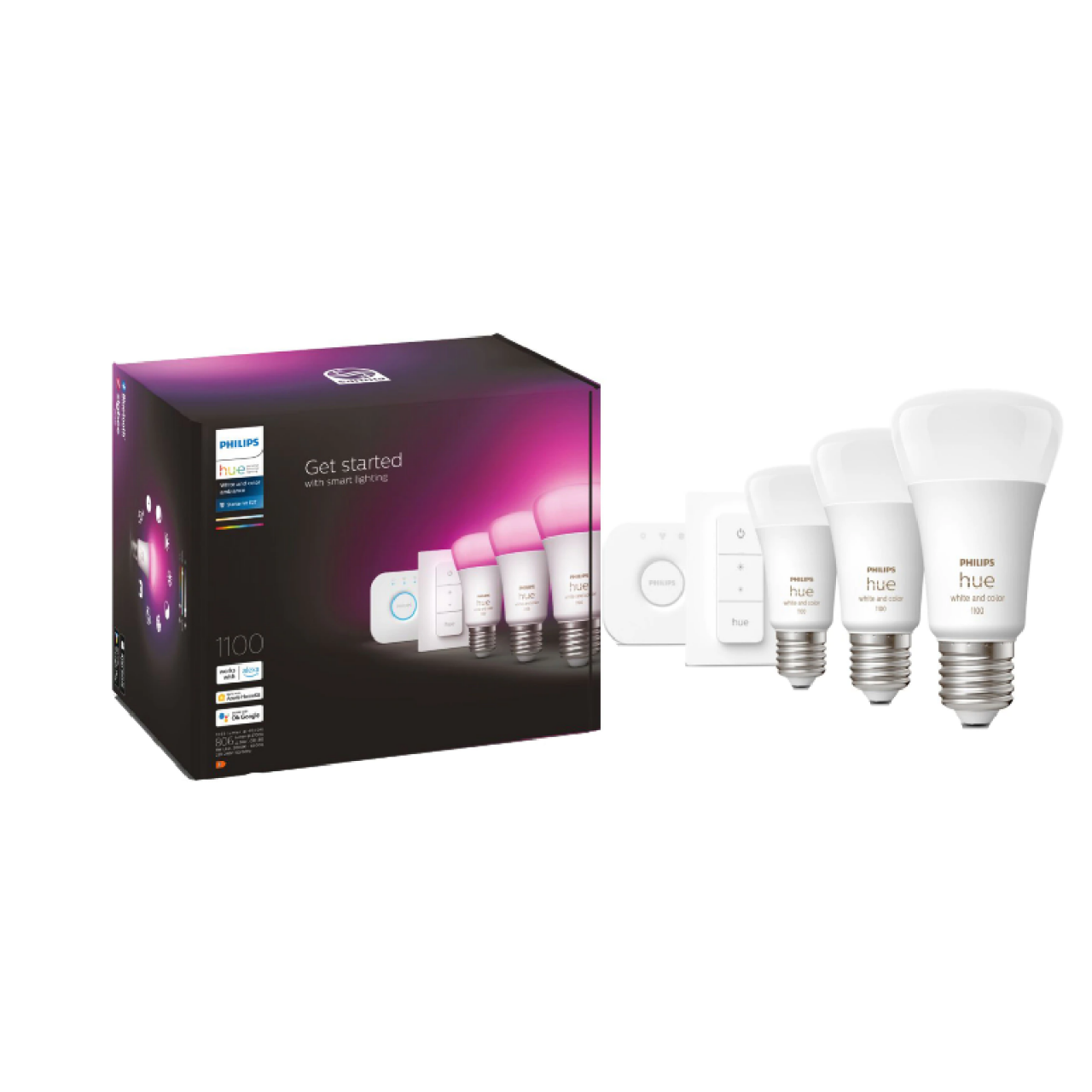 Pachet 3 Becuri LED RGB inteligente Philips Hue A60, Bluetooth, E27, 9W (75W), 1100 lm, lumina alba si color (2000-6500K) + Consola Hue Bridge + Intrerupator cu variator [2]