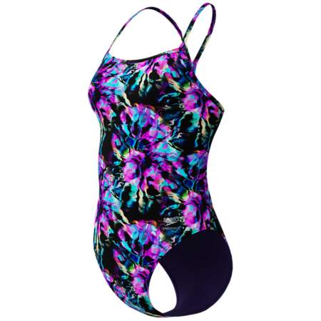 Costume de baie femei - Costum inot femei Speedo FL Printed V-Back 2.0 negru/mov – Endurance+, rezistent la clor