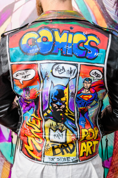 Geacă de piele bărbați biker Comics colorată și cu ținte [1]