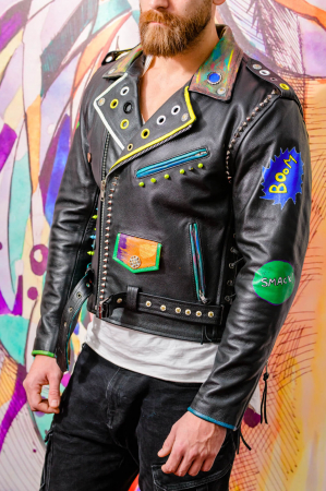 Geacă de piele bărbați biker Comics colorată și cu ținte [5]