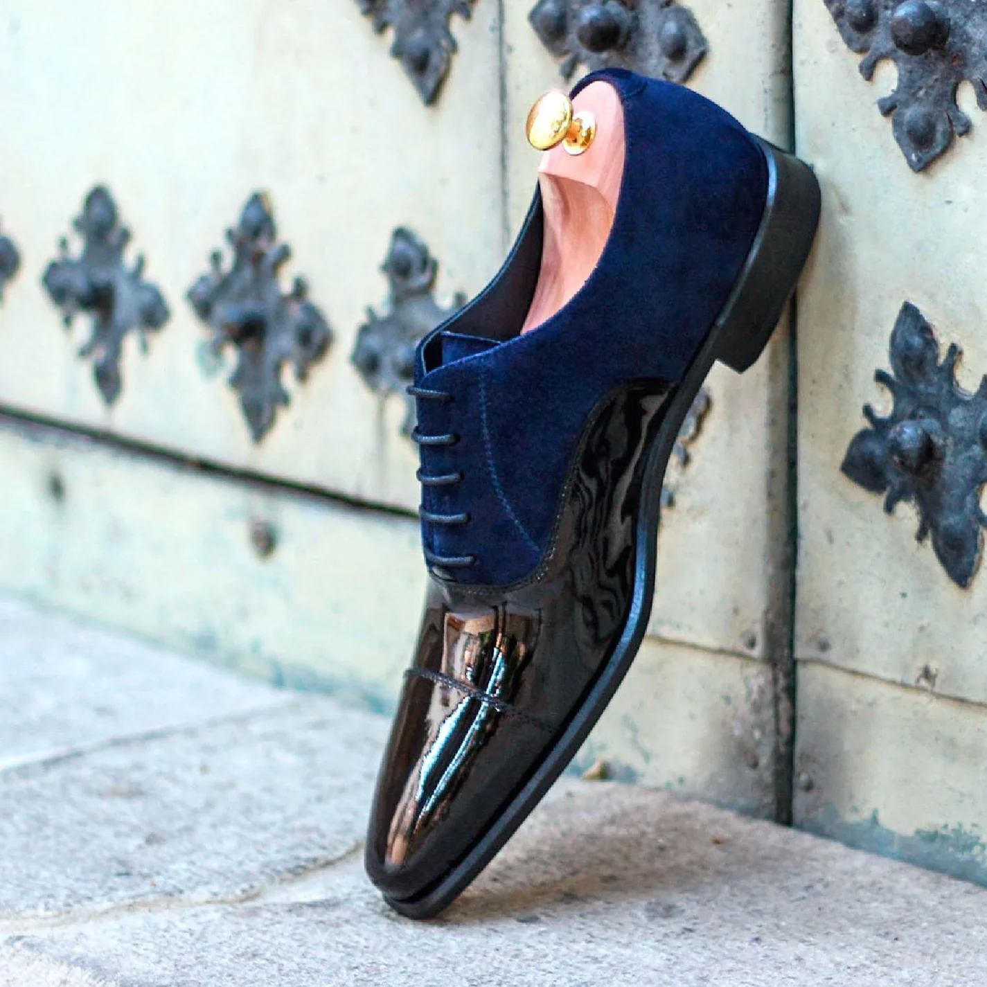 Pantofi mire - Pantofi la comanda, cu piele albastra si neagra, model Veneto