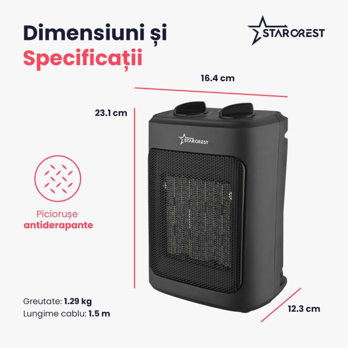 Aeroterma ceramica STARCREST SCH-20BK, 2000W, Termostat Reglabil, 3 Viteze, Functie Ventilator, Portabila, Siguranta Anti Cadere, Protectie Supraincalzire, Negru [6]