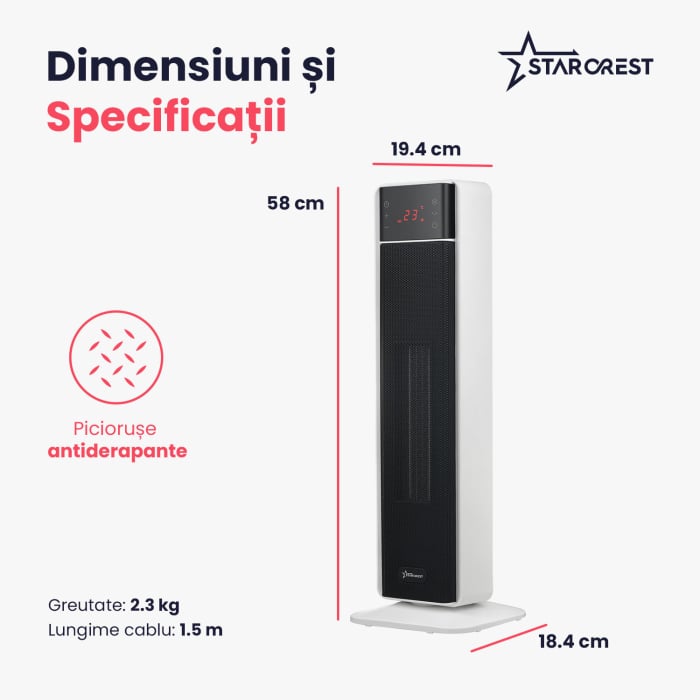 Aeroterma ceramica STARCREST SCH-T30BK, 2000W, Control digital, Functie de oscilare, Telecomanda, Functie ventilator, Temporizator, Siguranta anti cadere, Protectie supraincalzire [6]