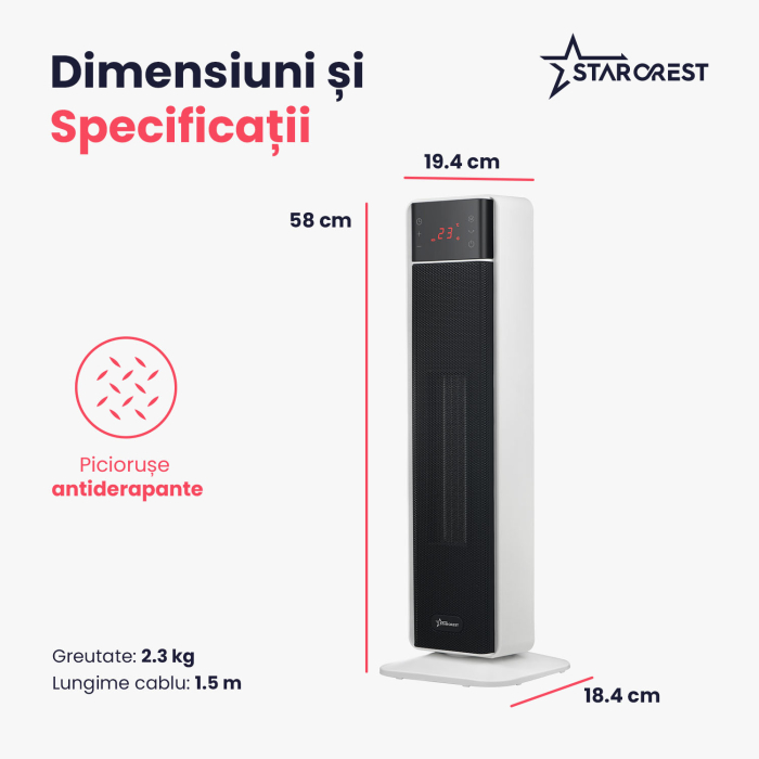 Aeroterma ceramica STARCREST SCH-T30BK, 2000W, Control digital, Functie de oscilare, Telecomanda, Functie ventilator, Temporizator, Siguranta anti cadere, Protectie supraincalzire [7]