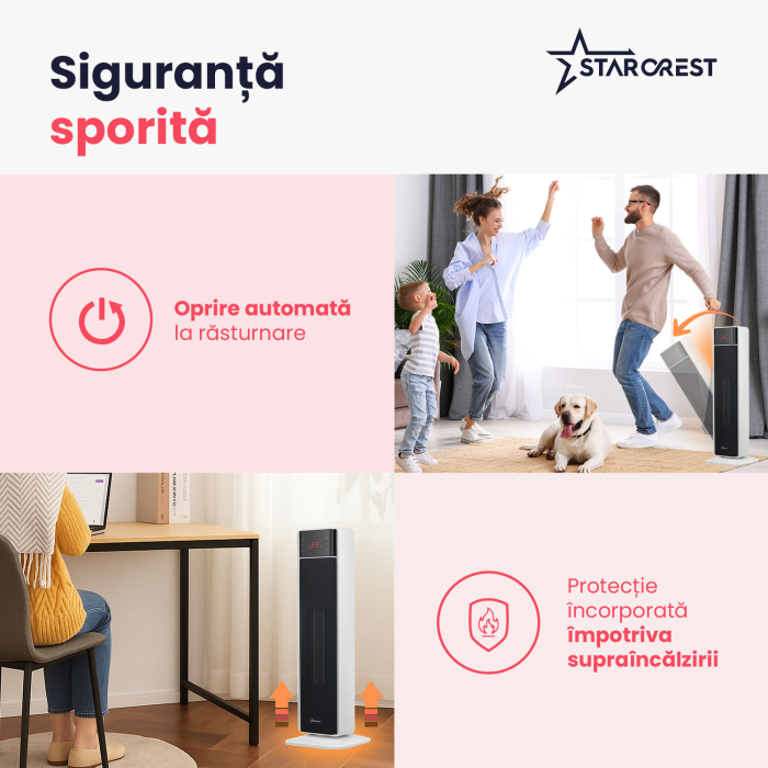 Aeroterma ceramica STARCREST SCH-T30BK, 2000W, Control digital, Functie de oscilare, Telecomanda, Functie ventilator, Temporizator, Siguranta anti cadere, Protectie supraincalzire [5]