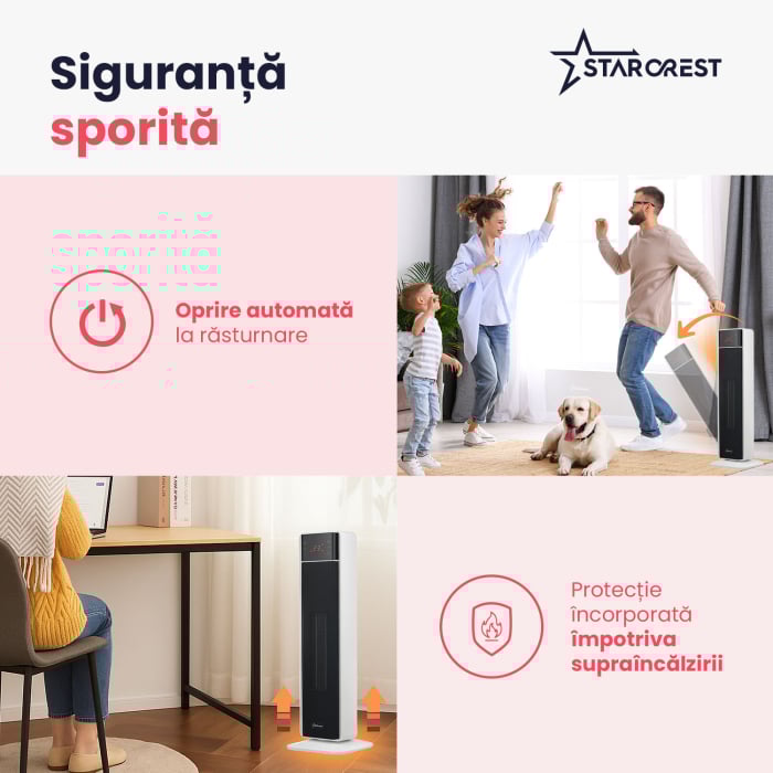 Aeroterma ceramica STARCREST SCH-T30BK, 2000W, Control digital, Functie de oscilare, Telecomanda, Functie ventilator, Temporizator, Siguranta anti cadere, Protectie supraincalzire [4]