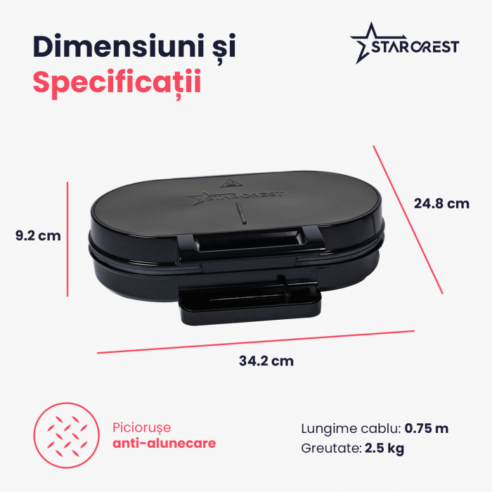 Aparat de facut vafe STARCREST WM-2602X, 1200W, Suprafata dubla, Buton reglare temperatura, Placi cu invelis antiaderent, Negru/Inox [5]