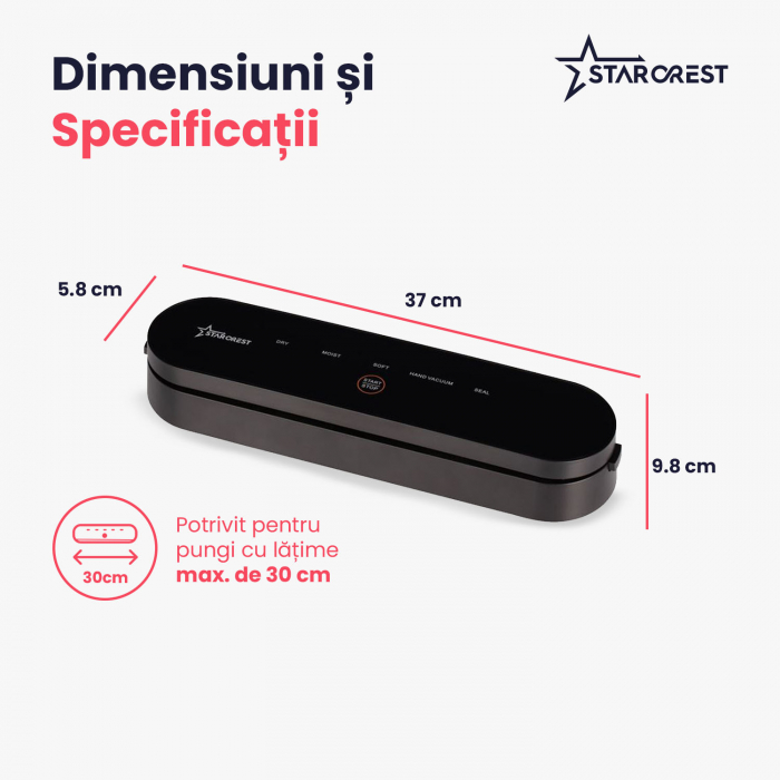 Aparat de vidat si sigilat STARCREST VS-3022, Panou comanda Touch , Vidare umed/uscata, 5 Functii, Ideal pentru alimente sensibile, Cutter incorporat, 10 Pungi incluse, Negru [8]