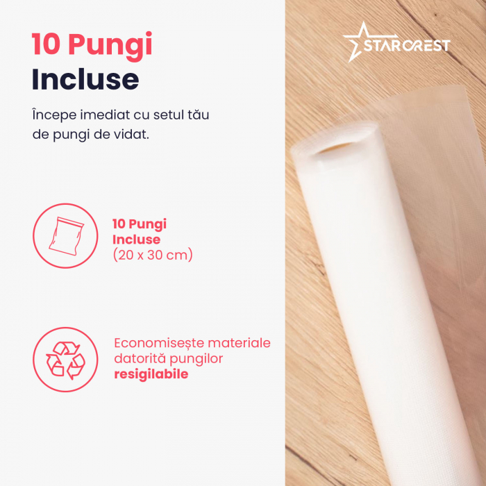 Aparat de vidat si sigilat STARCREST VS-3022, Panou comanda Touch , Vidare umed/uscata, 5 Functii, Ideal pentru alimente sensibile, Cutter incorporat, 10 Pungi incluse, Negru [7]