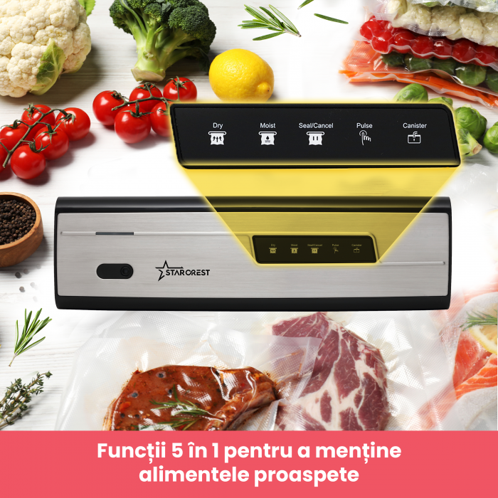 Aparat de vidat si sigilat STARCREST VS-3230X, 130W, Touch Control, 5 Functii, Furtun de vidare caserole, Cutter incorporat, Inox [3]