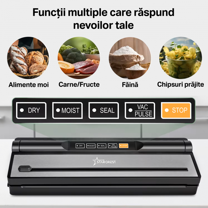 Aparat de vidat si sigilat STARCREST VS-6016, 110W, Touch Control, 5 Functii, Furtun de vidare caserole, Cutter incorporat, Negru/Inox [4]