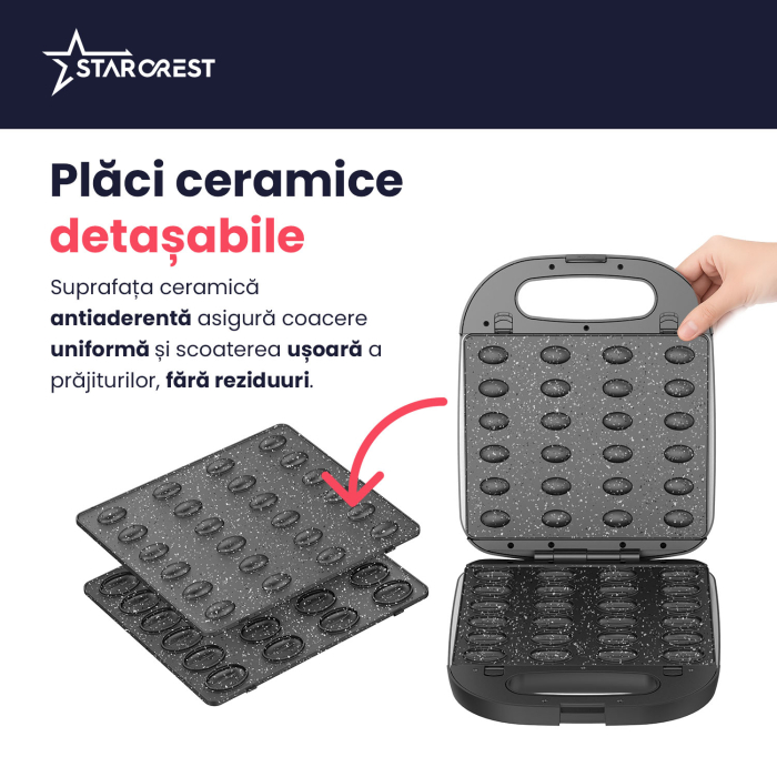 Aparat pentru preparat forme de nuci STARCREST SNM-6024DX, 24 forme, 1400W, Indicator luminos, Placi ceramice detasabile, Negru [4]
