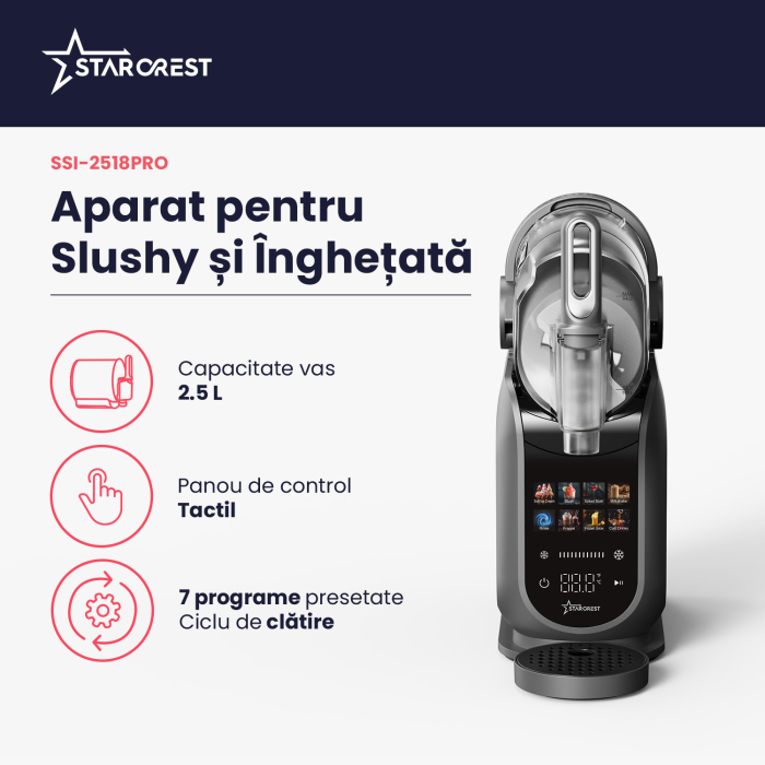 Aparat pentru Slushy/Granita si Inghetata STARCREST IceMix SSI-2518PRO, 2.5L, Panou de control tactil, 8 Programe, Carte retete, Gri/Negru [2]
