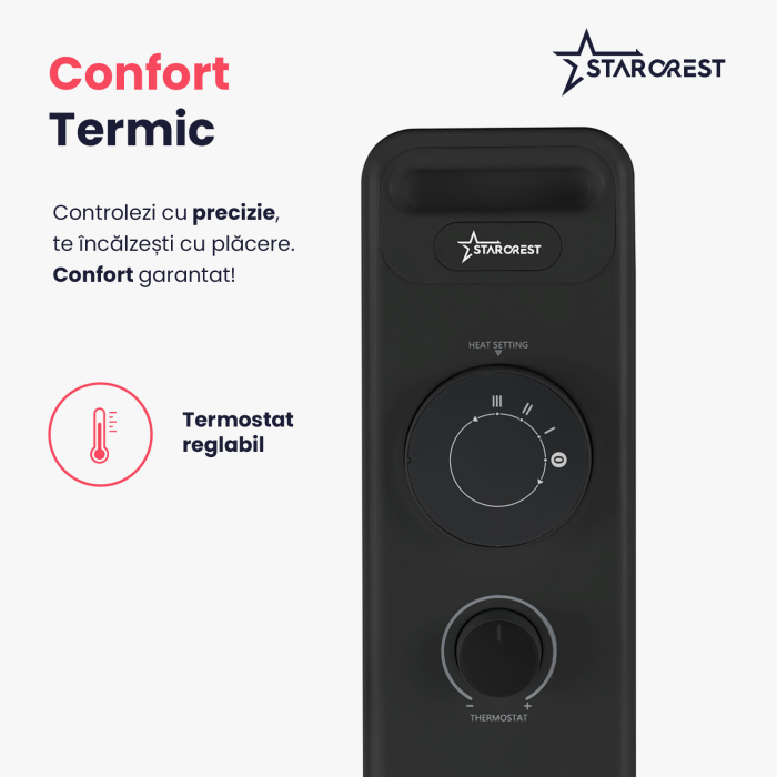 Calorifer electric cu ulei STARCREST SOH-0715BK, 1500 W, 7 elementi, 3 trepte de putere, Termostat mecanic, Protectie supraincalzire, Siguranta anti cadere, Negru [4]