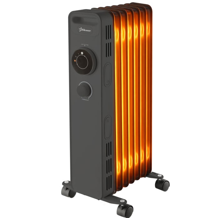 Calorifer electric cu ulei STARCREST SOH-0715BK, 1500 W, 7 elementi, 3 trepte de putere, Termostat mecanic, Protectie supraincalzire, Siguranta anti cadere, Negru