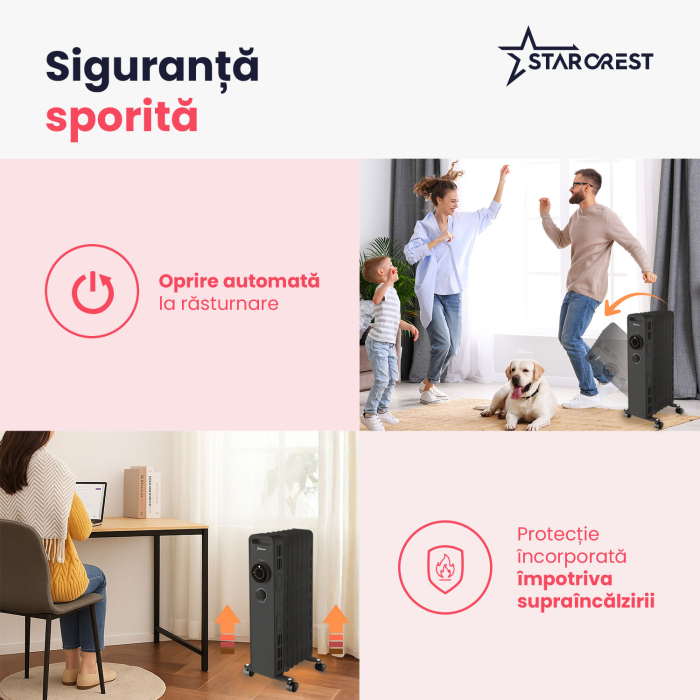 Calorifer electric cu ulei STARCREST SOH-0715BK, 1500 W, 7 elementi, 3 trepte de putere, Termostat mecanic, Protectie supraincalzire, Siguranta anti cadere, Negru [5]