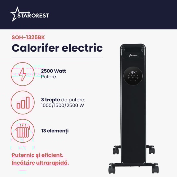 Calorifer electric cu ulei STARCREST SOH-1325BK, 2500 W, 13 elementi, Temporizator, 3 trepte de putere, Termostat digital, Protectie supraincalzire, Siguranta anti cadere, Negru [2]