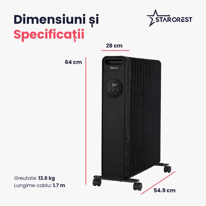 Calorifer electric cu ulei STARCREST SOH-1325BK, 2500 W, 13 elementi, Temporizator, 3 trepte de putere, Termostat digital, Protectie supraincalzire, Siguranta anti cadere, Negru [6]