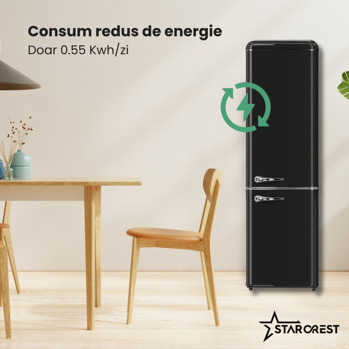 Combina frigorifica retro STARCREST SRC-250BK, Design Vintage, Clasa E, Capacitate 250 L, Termostat reglabil, Iluminare LED, H 188.3 cm, Negru [4]