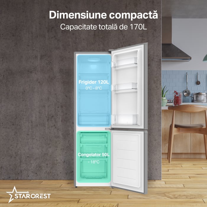 Combina frigorifica STARCREST SC-170IX-E, 170 L, Clasa E, Less Frost, Termostat reglabil, Iluminare LED, Suprafata Inox antiamprenta, Picioare ajustabile, Usi reversibile, H 151.8 cm, Inox [3]