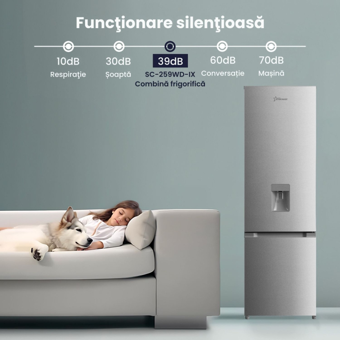 Combina frigorifica STARCREST SC-259WD-IX, 259 L, Clasa E, Dozator Apa, Less Frost, Termostat reglabil, Iluminare LED, Picioare ajustabile, Usi reversibile, H 177.3 cm, Inox [8]